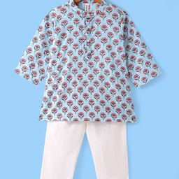 Babyhug 100% Cotton Full Sleeves Floral Printed Kurta & Pyjama Set - Blue-picture-24