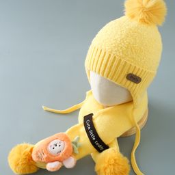 Babyhug Pom Pom Acrylic Woollen Cap & Muffler Set Carrot Applique Large Size - Yellow-image-31
