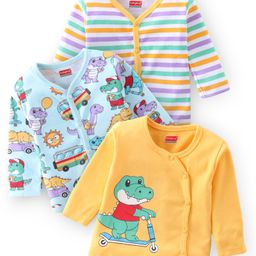 Babyhug 100% Cotton Knit Full Sleeves Antibacterial Vest Dino Print Pack of 3 - Multicolour-picture-18
