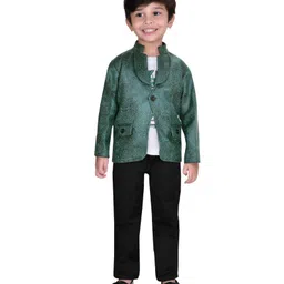 DOTSON Full Sleeves Intricate Floral Pattern Self Design Jacket & Printed Tee With Pant - Green-picture-2