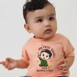 KNITROOT Diwali Theme Half Sleeves My First Diwali Boy With Mumma & Papa Text Printed Tee - Peach-picture-45