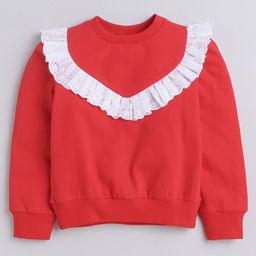 aww hunnie Aww Huunie Full Sleeves Frill Neckline Lace Embellished Autumn & Winter Wear Sweatshirt - Red-picture-13