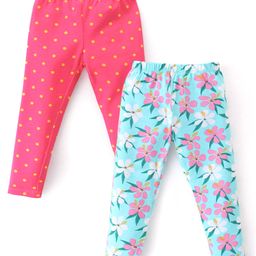 Babyhug Cotton Lycra Knit Full Length Leggings With Strech Floral Print Pack of 2 - Pink & Blue-image-35