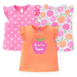 Babyhug 100% Cotton Knit Sleeveless T-Shirt with Frill Detailing Apple Print Pack of 3 - Multicolour-picture-27