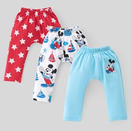 Babyhug Disney 100% Cotton Knit Interlock Full Length Stars & Mickey Mouse Print Diaper Leggings Pack of 3 - Red White & Blue-image-79