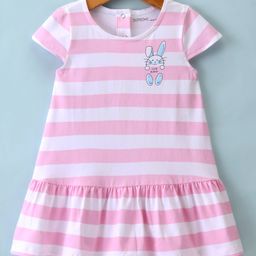 Doreme Single Jersey Knit Half Sleeves Frocks with Stripes & Bunny Print - Baby Pink-image-14