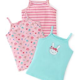 Babyhug 100% Cotton Knit SleevelessSlips Striped Floral & Bunny Print Pack of 3- Pink & Blue-image-25