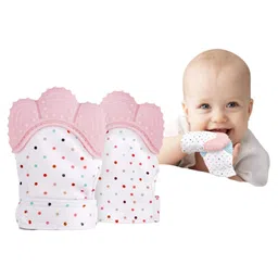 DOMENICO Silicone Teether Mitten Glove Polka Dot Print - Pink pack of 2-picture-47