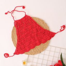 Woonie Cotton Halter Neck Handmade  Top - Red-image-86