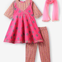 Babyhug Cotton Woven Three Fourth SleevesFloral PrintedAnarkali & Dupatta Suit Set - Dark Pink-image-3