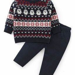 Babyhug Knitted Full Sleeves Sweater Set with Aztec Design - Navy Blue-image-48