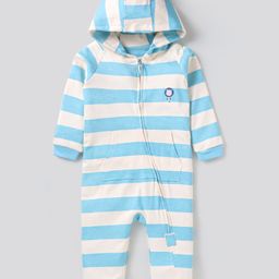 Bonfino 100% Cotton Knit Full Sleeves Front Open Striped Hooded Romper with Hippo Print - White &Blue-image-80