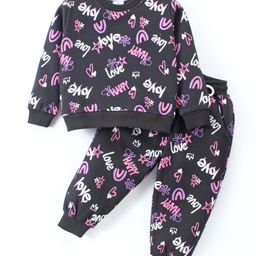 Smarty Girls Fleece Woven Full Sleeves Winter Night Suit with Text & Hearts Print - Charcoal-image-37