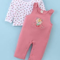 ToffyHouse 100% Cotton Knit Full Sleeves Printed &Tiger Embroidered Dungaree Style Romper & T-Shirt - Dark Peach-image-77
