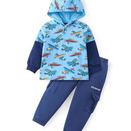 Babyhug Cotton Knit Doctor Sleeves Hooded T-Shirt & Lounge Pants Set With Airplanes Print - Light Blue-picture-39