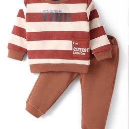 ToffyHouse Fleece Knit Full Sleeves Winter Wear Striped T-Shirt & Lounge Pant Set with Text Print - Brown-image-54