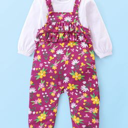 Babyhug Cotton Knit Full Sleeves Solid Colour Top with Floral Printed Dungaree - Mauve & White-image-95