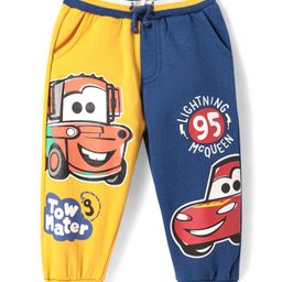 Babyhug Disney Terry Knit Full Length Cut & Sew Track Pant with Cars Graphics - Navy Blue & Yellow-image-45
