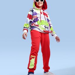 Ollington St. 100% Cotton Knit Full Sleeves Hooded Winter Wear Set With Street Art Print - Red & White-image-55