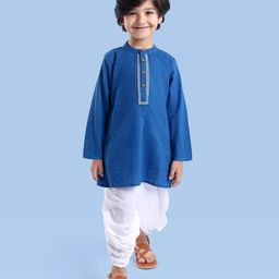 Babyhug Cotton Woven Full Sleeves Solid Colour Kurta & Dhoti Set with Lace Detailing - Blue-image-79