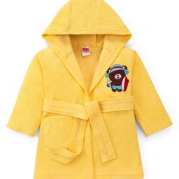 Babyhug Cotton Knit Full Sleeves Hooded Bathrobe With Elastic At Waist & Bear Embroidery - Yellow-image-45