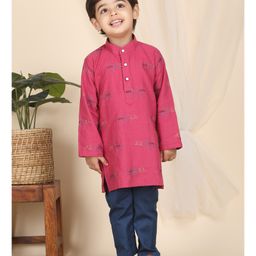 Polka Tots Cotton Full Sleeves Aeroplane Embroidered Kurta Pyjama Set - Pink-picture-23