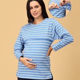 The Mom Store Full Sleeves Striped Maternity Sweatshirt With Concealed Zipper Nursing Access - Light Blue-image-53