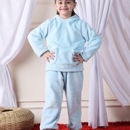 NEUDIS Fleece Knit Full Sleeves Solid Coordinating Night Suit Set - Turquoise-picture-9