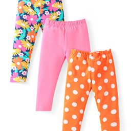 Babyhug Cotton Lycra Knit Full Length Leggings with Polka Dots & Floral Print Pack of 3 - Pink & Orange-image-50