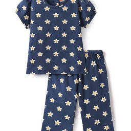 Babyhug Cotton Knit Half Sleeves Co-ord Capri Night Suit with Star Print - Navy Blue-image-65