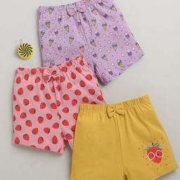 BUMZEE Cotton Knit Above Knee Length Ice Cream & Strawberry Printed Shorts With Bow Applique Pack of 3 - Yellow Pink & Lavender-image-0
