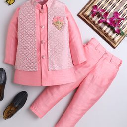 Ahhaaaa Silk Blend Full Sleeves Solid Kurta & Pant With Floral Embroidered Jacket Set - Pink-image-67