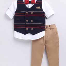 LITTLE COLLARS Jacquard Full Sleeves Striped 3 Piece Party Suit With Bow Set - Navy Blue-image-33