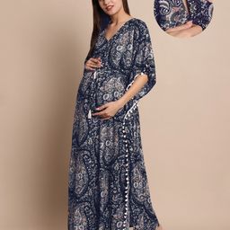 Secret Wish Rayon Woven Half Batwing Sleeves Floral & Paisley Printed Maternity Kaftan Nighty With Side Seam Nursing Access - Navy Blue-image-87