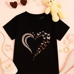 Luke and Lilly Cotton Knit Half Sleeves Heart & Butterfly Printed Tee - Black-picture-42