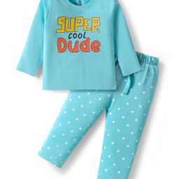Doodle Poodle 100% Cotton Single Jersey Knit Full Sleeves Night Suit With Text Print - Light Blue-picture-9