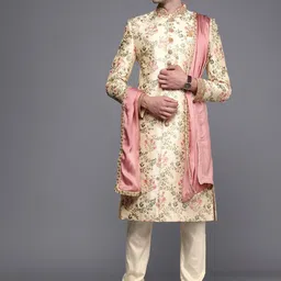 Manyavar Men Beige Art Silk Printed Sherwani and Churidar With Dupatta-image-32