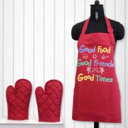 Swayam Red Kitchen Apron with Oven Gloves - Set of 1-picture-8