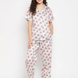 Clovia Grey Printed Shirt Pyjamas Set-image-9
