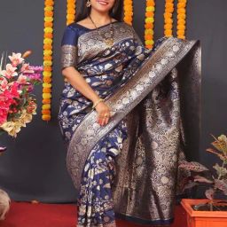 SHUBHKALA Navy Silk Woven Saree With Unstitched Blouse-image-19
