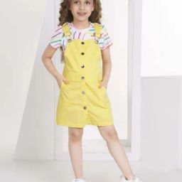 Peppermint Girls Yellow & White Cotton Solid Dungaree Set-image-22