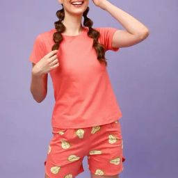 Clovia Peach Printed Cotton T-Shirt With Shorts-image-54