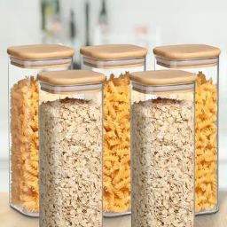 ALLO Transparent Borosilicate Glass Square Jar with Wooden Lid - Set of 5 (600 ml)-6