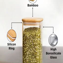 ALLO Transparent Borosilicate Glass Square Jar with Wooden Lid - Set of 3 (600 ml) image 2
