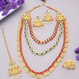 Zaveri Pearls Green & Pink South Indian Style Necklace Earring Maangtikka & Ring Set-ZPFK11664-image-62