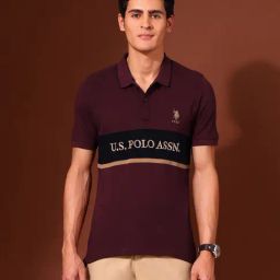 U.S. Polo Assn. Maroon Cotton Slim Fit Colorblock Polo T-Shirt-image-38