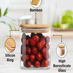 ALLO Transparent Borosilicate Glass Square Jar with Wooden Lid - Set of 4 (300 ml) image 2