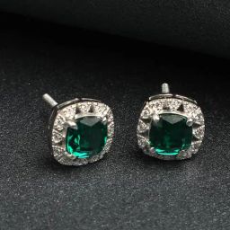 Clara 92.5 Sterling Silver Swiss Zirconia Dark Green Cushion Stud Earrings-image-75
