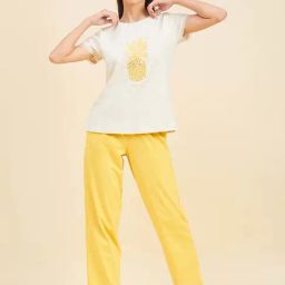 Sweet Dreams Off-White & Yellow Printed T-Shirt Pyjamas Set-image-50