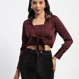 MADAME Maroon Embellished Crop Top-image-18